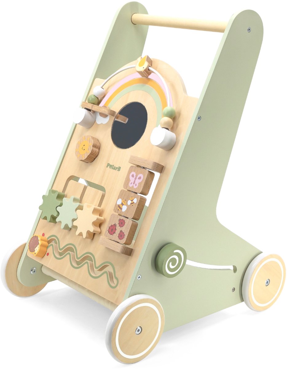 PolarB Houten Loopwagen Groen – Baby Walker met speelfunctie (12+ mnd) – Looptrainer met Opbergruimte - Snel leren lopen - Anti slipbanden – foto 5