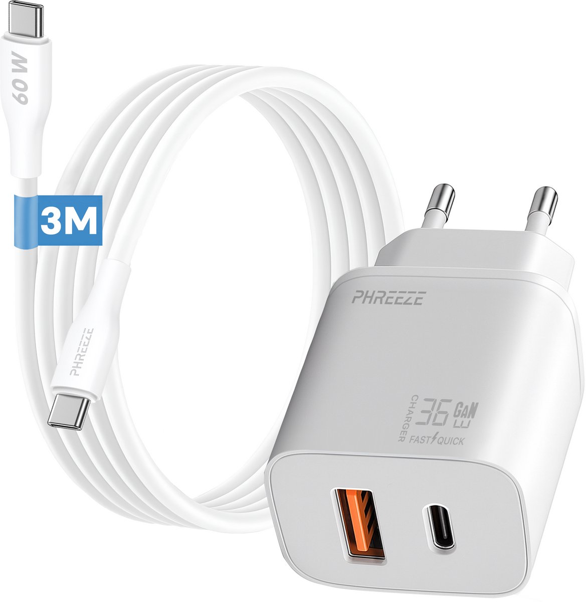 Usb adapter 35w met usb C naar usb C oplaadkabel snellader 3m wit