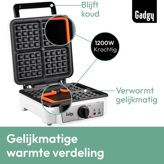 Witte Gadgy wafelmaker met open deksel, met details over koelblijvende handgrepen en gelijkmatige warmte.