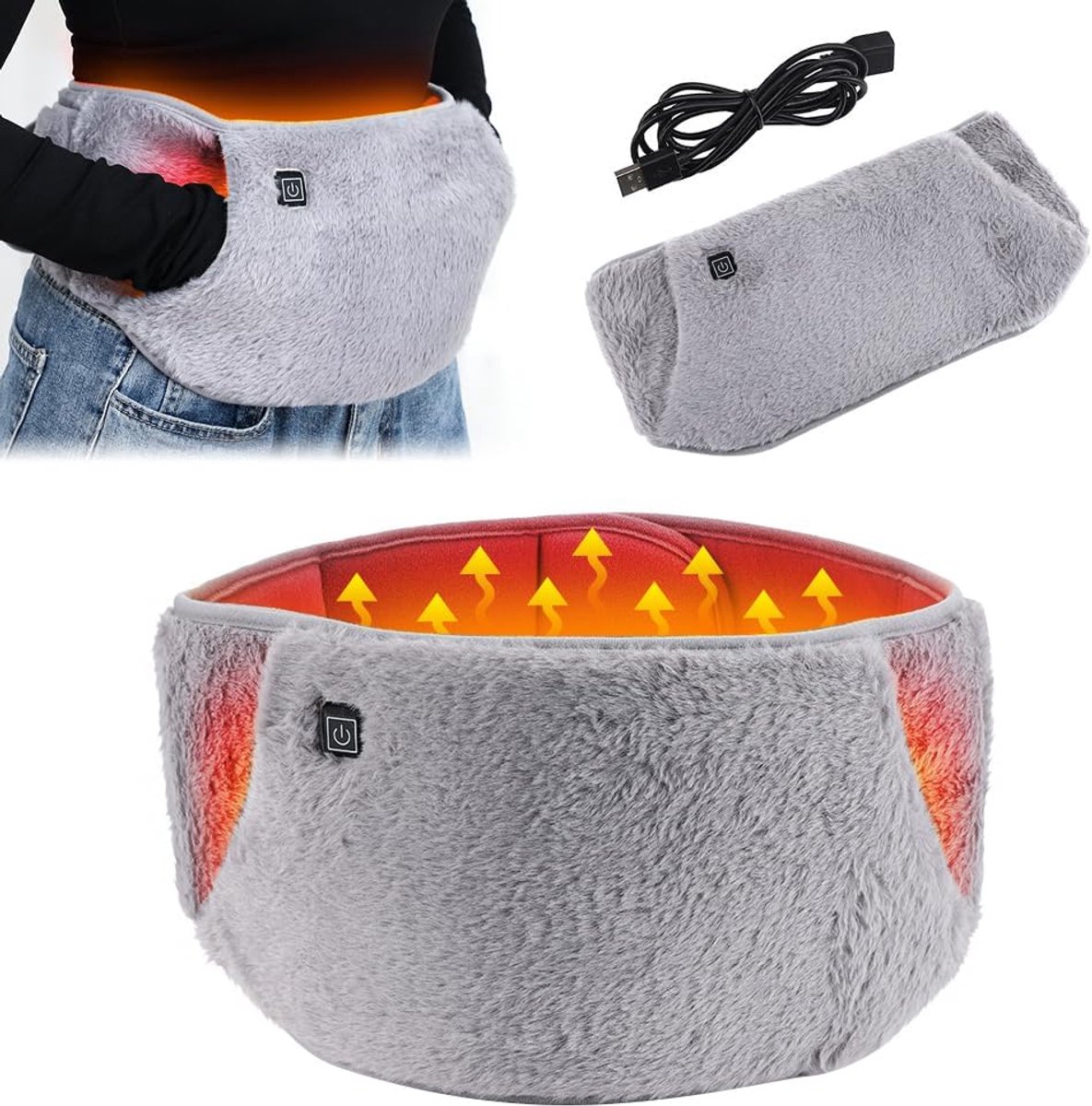 Verwarmde lendensteungordel, 2-in-1 draagbare handwarmer, oplaadbare heupgordel, 3 temperatuurinstellingen, oplaadbaar via USB, verlicht menstruatiekrampen, pijn in de onderrug en handen, grijs.