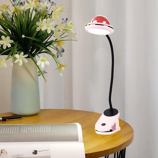 Kinderklemlamp, USB oplaadbare LED-klemleeslamp met sterprojectie, 4000k 360° aanraakverstelbare zwanenhalslamp voor op het nachtkastje, klemnachtlampje met ster (roze). van Merkloos — afbeelding 2