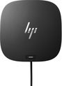 Bovenkant van een zwarte, compacte HP docking station met HP logo en een aan/uit-knop.
