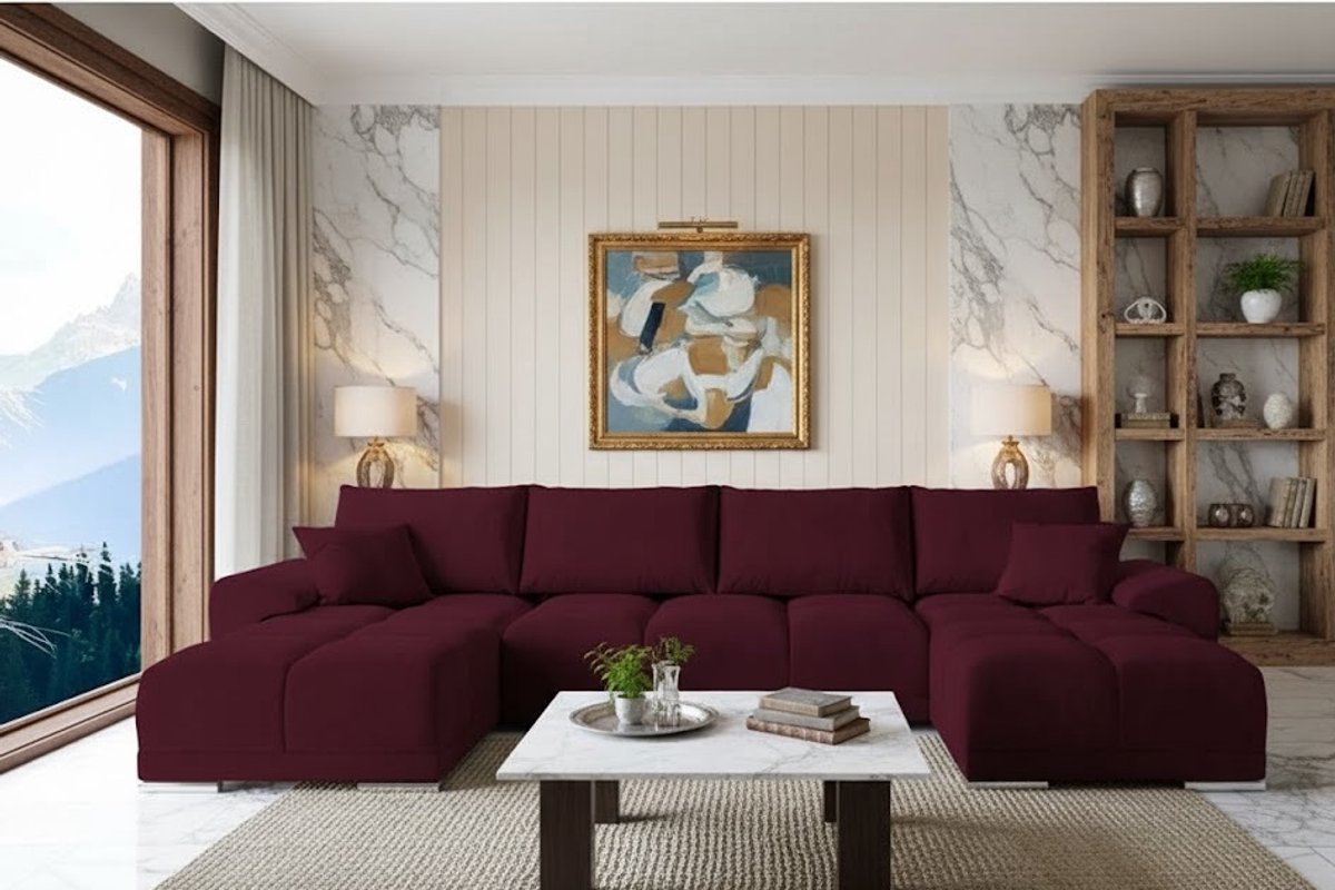U-vorm Hoekbank met Slaapfunctie en Opbergruimte 365x189 cm – Luxe Fluwelen Slaapbank met Kussens & Bedfunctie – Comfortabele Uittrekbare Hoekbank – Kastanjebruin Design – Premium Hoekbank voor Woonkamer – Ganeey