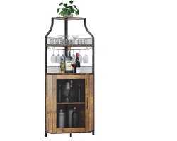 Brisakys - Hoekbarkast - Wijnkast - Industrieel - Metaal - Gaasdeuren - Verstelbare Plank - Anti-Kantelset - 45x45x150cm - Rustiek Bruin