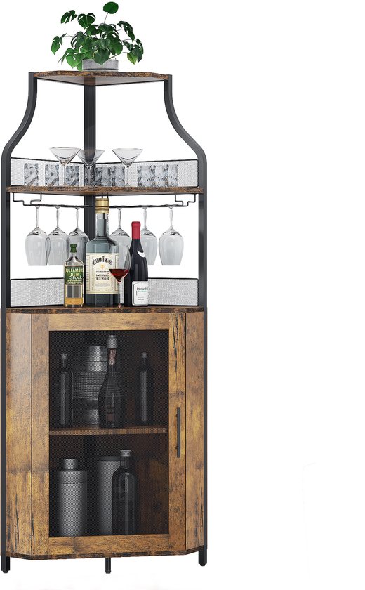 Brisakys - Meuble bar d'angle - Cave à vin - Style industriel - Métal - Portes grillagées - Étagère réglable - Système anti-basculement - 45 x 45 x 150 cm - Brun rustique