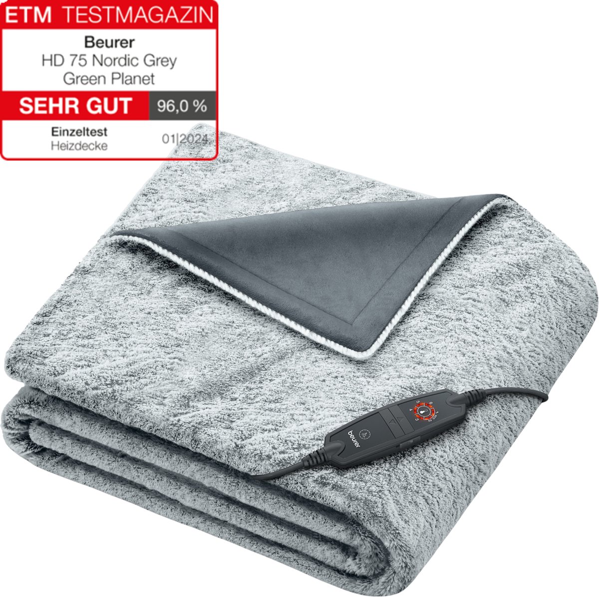 Beurer Warmtedeken | 180 x 130 cm | HD 75 Green Planet | Nordic | Duurzaam | 6 Warmtestanden | Luxe elektrische bovendeken | Automatische uitschakeling | Ultrazachte fleece | Machinewasbaar | 3 Jaar garantie | Grijs mix