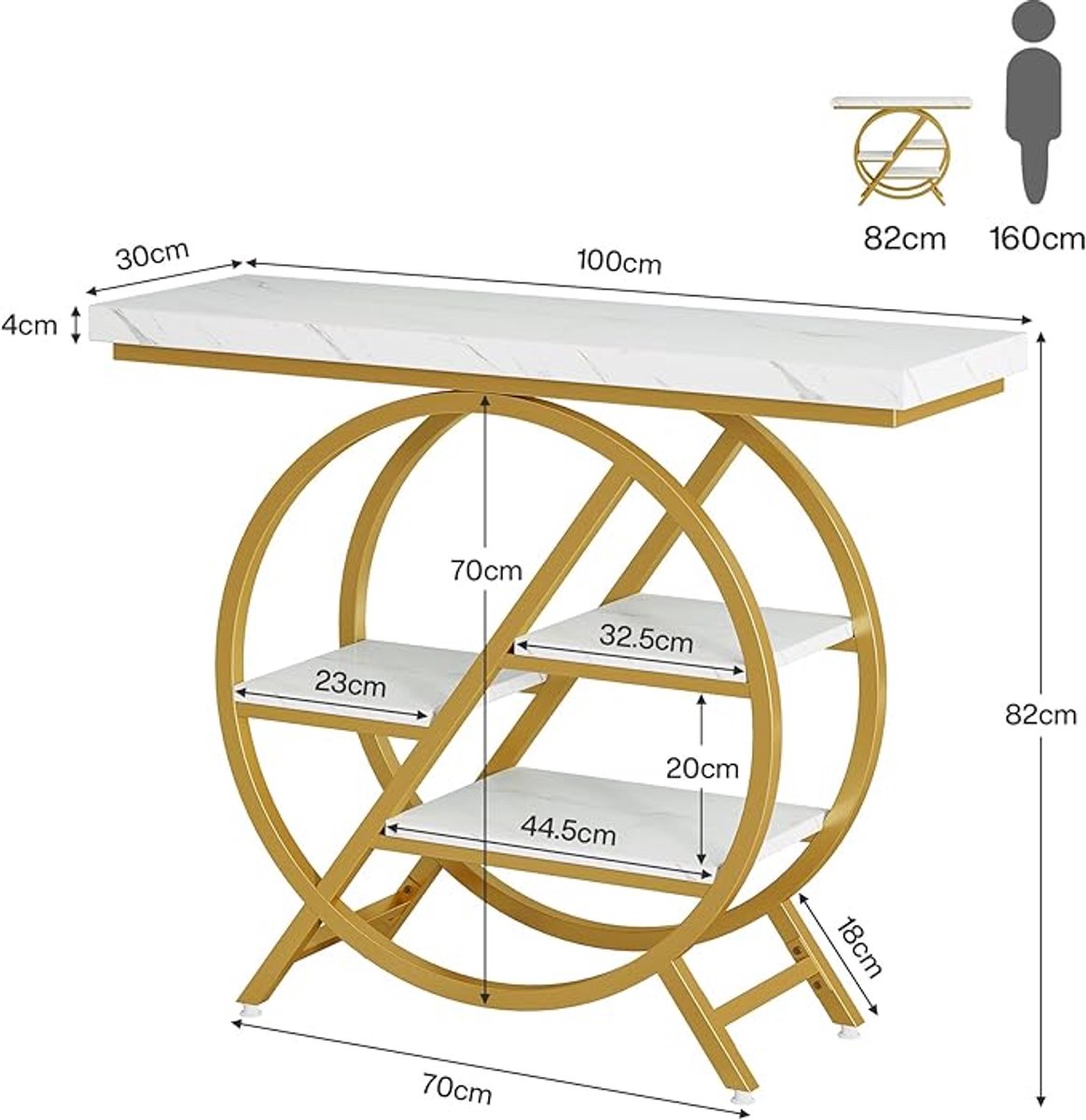 Consoletafel HomeByNicole – Industriële Haltafel met 4 Open Planken en Geometrisch Metalen Frame, Smalle Woonkamer/Entree Tafel, Witgoud, 100 cm Breed, Duurzaam & Multifunctioneel