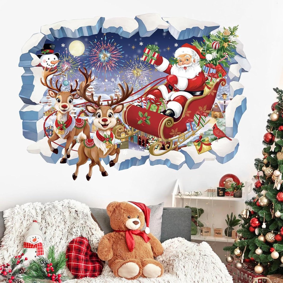 EGoods - 3D Kerst Muurstickers met Kerstman en Rendier, Sneeuwpop - Kerst Raam Muur Art Decals voor Kerstfeest Venster Xmas Home Party.