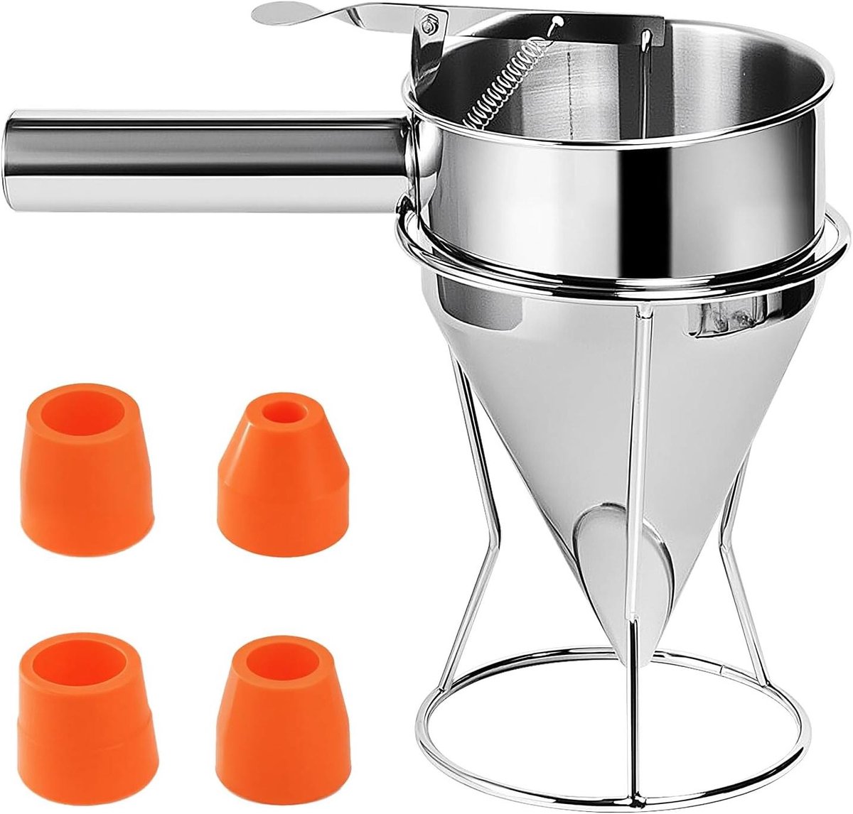 EGoods - Roestvrijstalen beslag dispenser met standaard, 4 siliconen sproeiers - Professionele pannenkoek cupcake beslag dispenser voor keuken bakkerij - Vaatwasmachinebestendig 1,2 liter