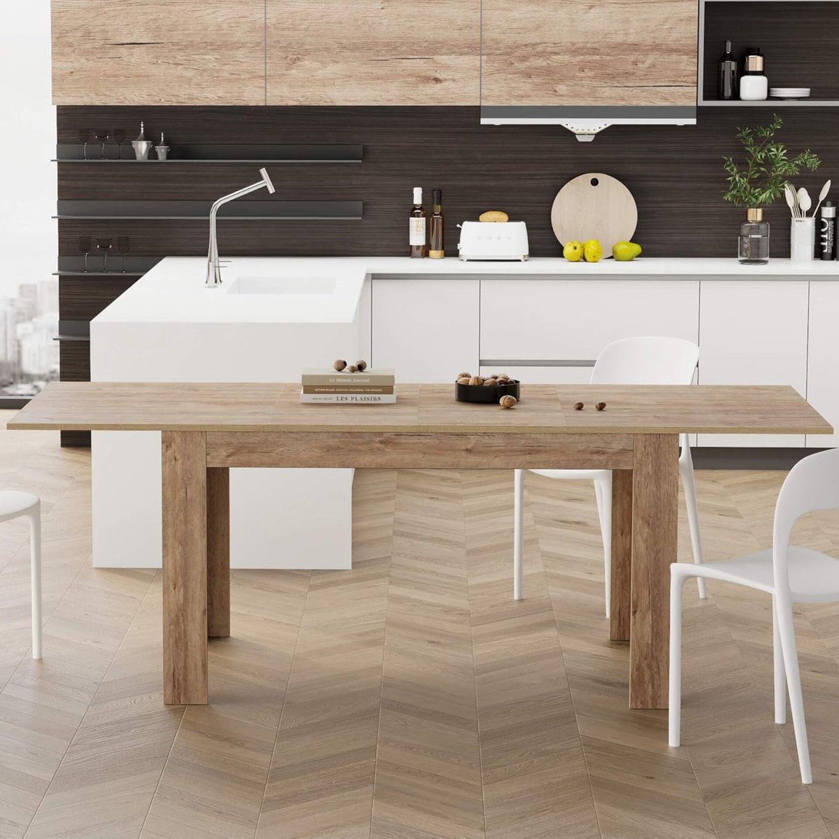 Uitschuifbare Eettafel Eiken 140–220 cm – Moderne Design Eettafel met Verlengstukken – Ruimtebesparende Tafel voor 6–8 Personen – Stevig Melaminehout – L-vormige Poten – HomeByNicole Made in Italy
