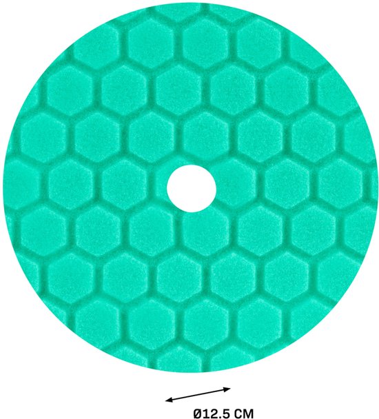Turquoise polijstschijf met zeshoekig patroon en een centraal wit gat, diameter 12,5 cm.