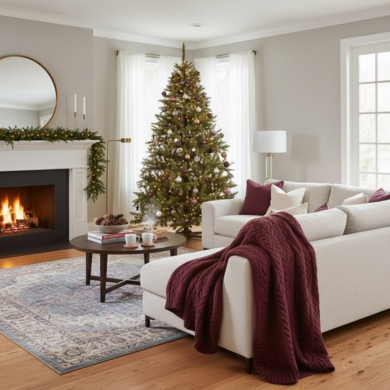 Een gezellige woonkamer met kerstboom, open haard en een bank met plaid.
