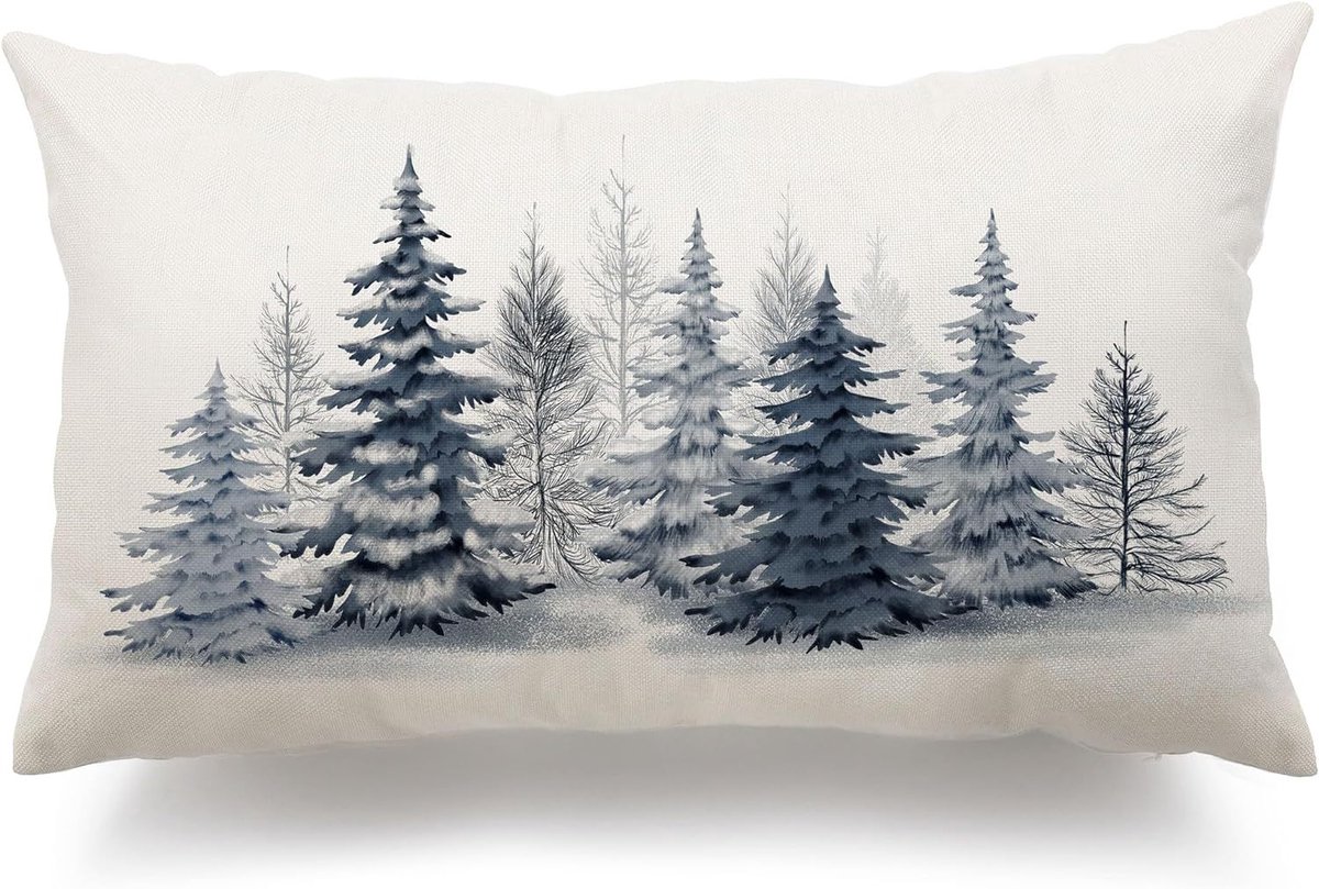 2-pack kerstkussenslopen, 35x50cm, aquarel lichtblauwe kerstboomstijl, decoratieve kussens met natuurlijke bosprint in landelijke stijl, winterse kerstversiering.