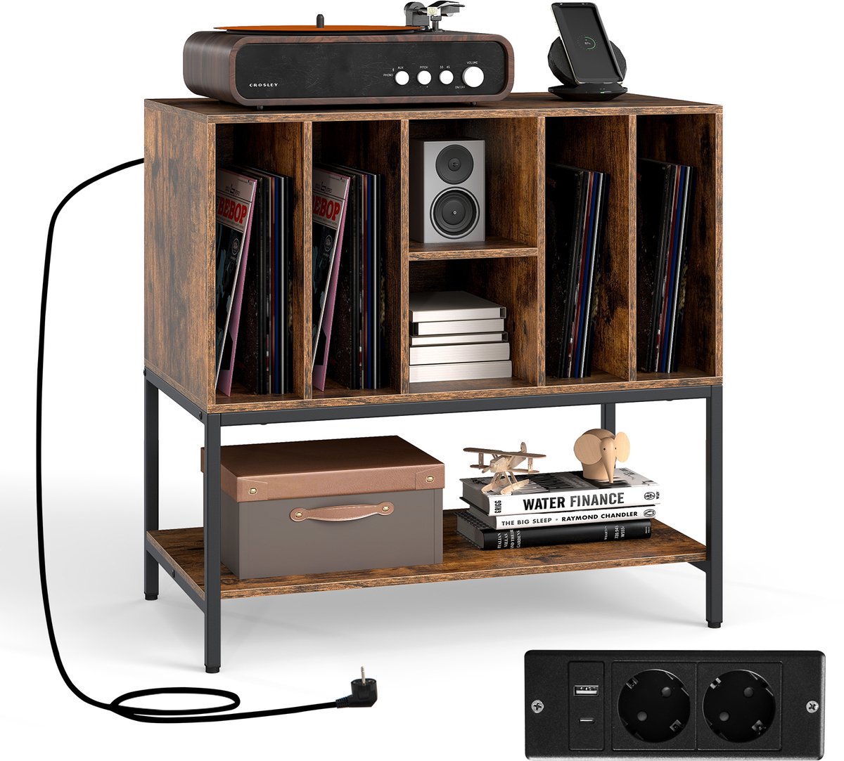 COSTWAY Draaitafel standaard met laadstation, bijzetkast met vinyl opslag, opbergkast modern, vinyl-display-rek voor woonkamer 80 x 45 x 79,5 cm (koffie)