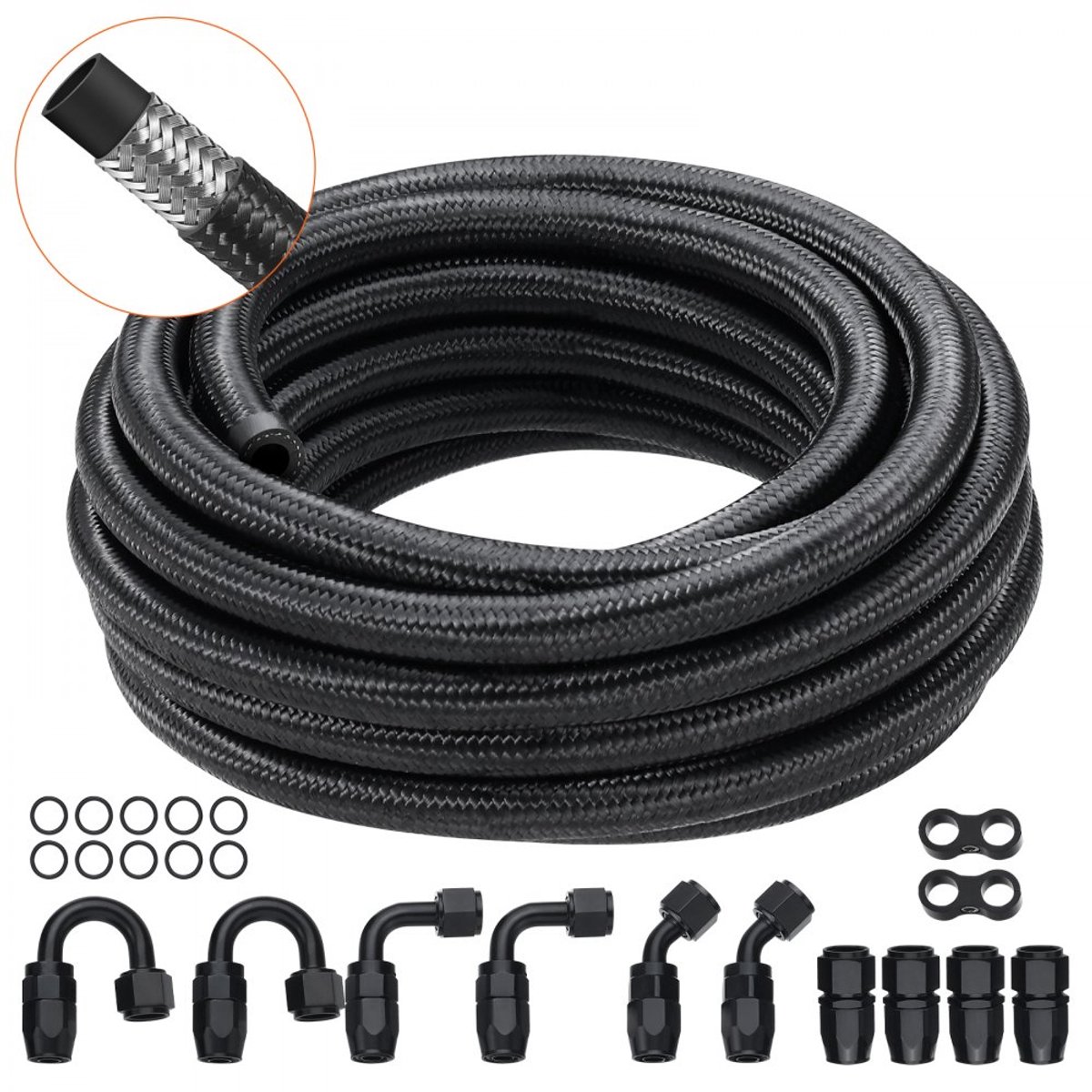 Brandstofleidingset - AN6 - Slanglengte 6,1 m - Diameter 0,86 cm - Nylon RVS Gevlochten - Voor Benzine/Diesel/Olie - Twaalfdelige Draaibare Eindfittingen