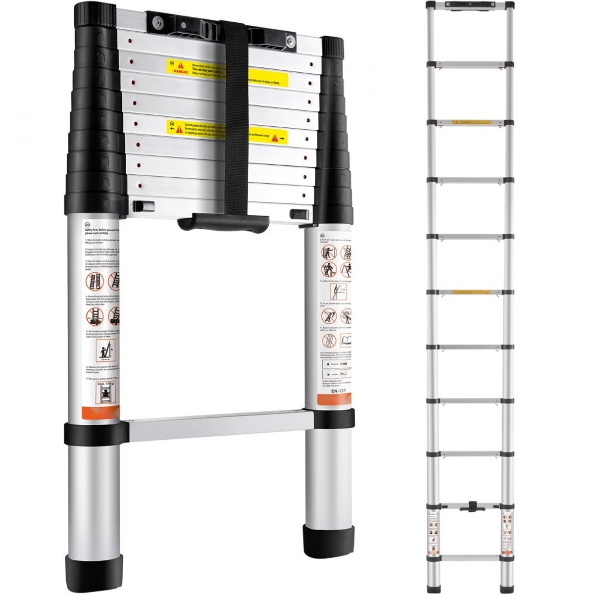 Telescopische Ladder - Uitschuifbaar & Opvouwbaar - Max. Hoogte 3,2 m - Draagvermogen 170 kg - Antislip Treden - Eénknops Inklap - Aluminium - Ingeklapt 48 x 9,5 x 76,5 cm