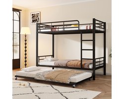 MODFU Metalen Stapelbed 90x200 cm – Met uitschuifbed & 4-zijdige veiligheidsreling – EN747 – Zwart