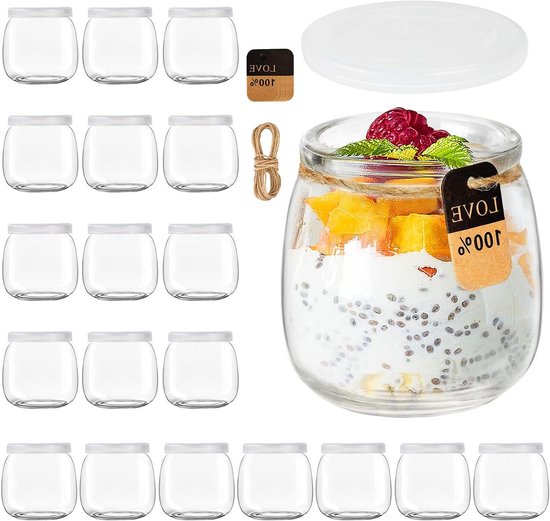 Gttyowyin Lot de 12 pots à yaourt transparents de 200 ml avec couvercles - Polyvalents - Pour confiture, miel, desserts, bougies, lave-vaisselle, congélateur et micro-ondes - Sans BPA