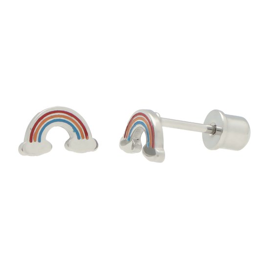 Boucles d'oreilles arc-en-ciel argentées avec des rayures rouges, orange et bleues sur un nuage blanc.
