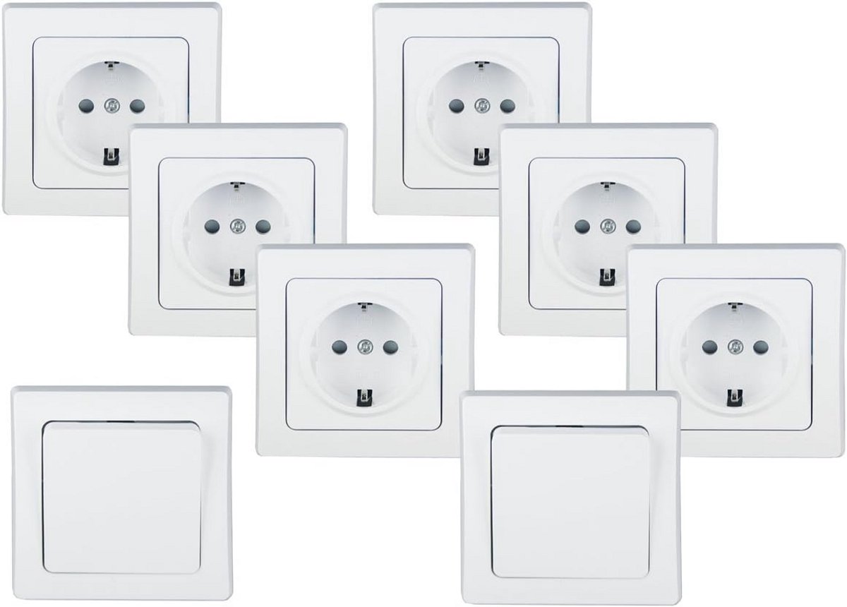 Inbouwstopcontact en Schakelaars - 6 Stopcontacten en 2 Schalelaars met Frame - Geaard - Wit