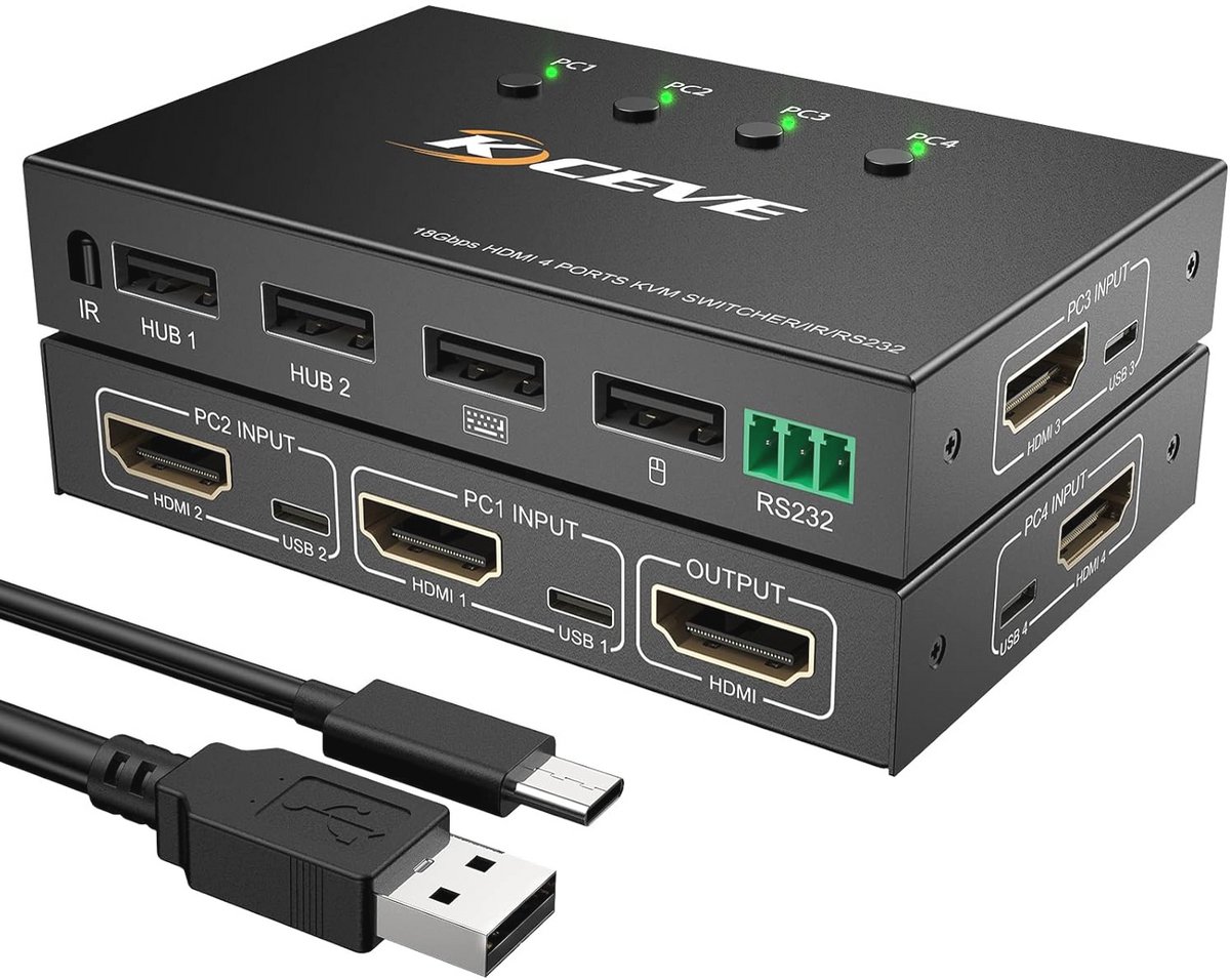 KVM Switch 4-poorts HDMI met 4K @60Hz Resolutie voor Computer en Laptop