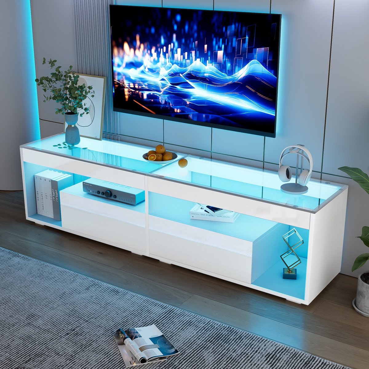 Sweiko TV-kast - Glazen blad - LED-verlichting - 2 lades - Wit