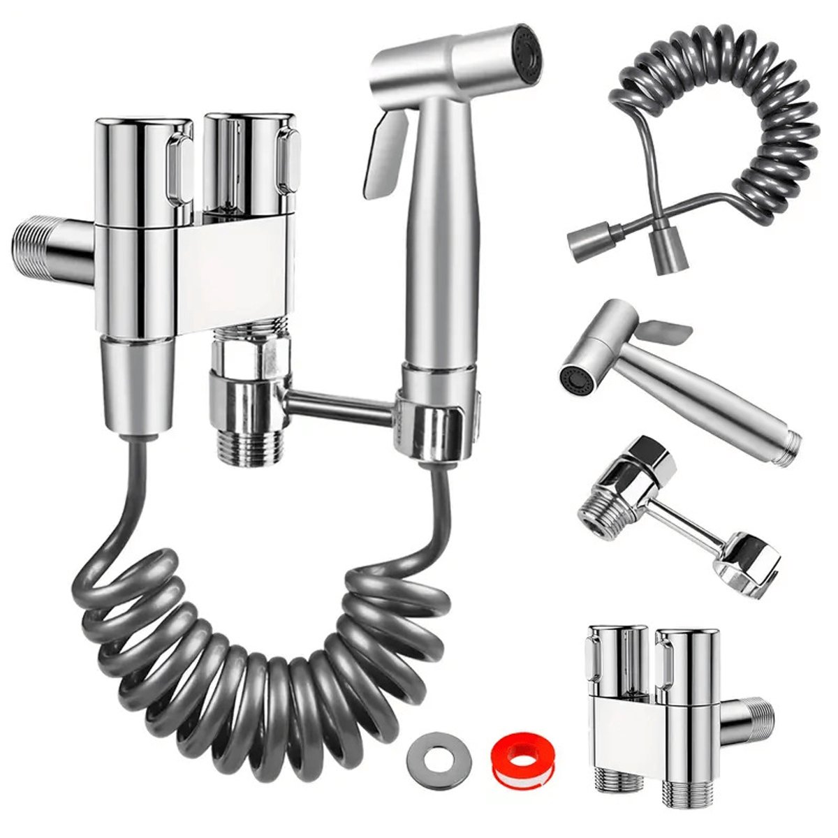 Handdoucheset voor toiletten met roestvrijstalen spuitpistool voor het reinigen van de badkamerdouche, accessoires voor persoonlijke hygiëne - zilver