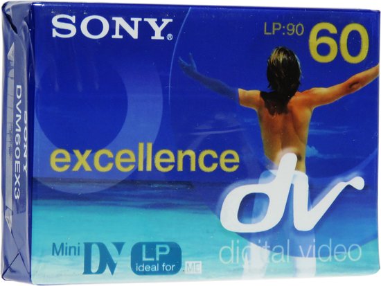 Sony Excellence Mini DV DVM60EX cassette met een afbeelding van een persoon op een strand en "excellence dv digital video" in gele en witte letters.