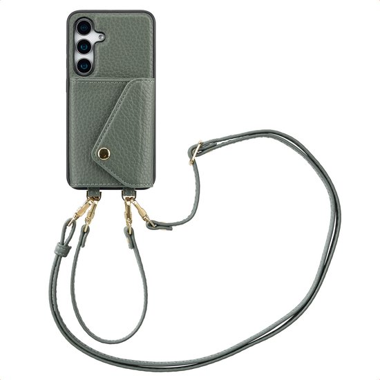 Telefoonhoes Samsung Galaxy S24/S25 met verstelbaar koord, afneembaar polskoord, pashouder voor 3 pasjes Sage Green