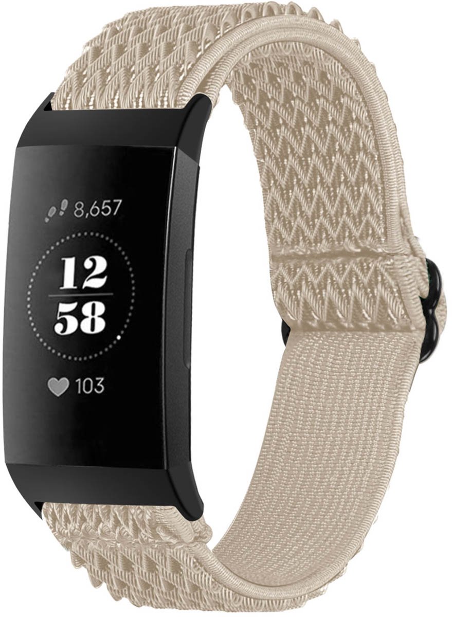 Elastisch nylon bandje - Geschikt voor Fitbit Charge 3/ Charge 4 - Beige