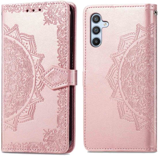 Étui de téléphone rose doré avec relief de mandala, fermeture magnétique.