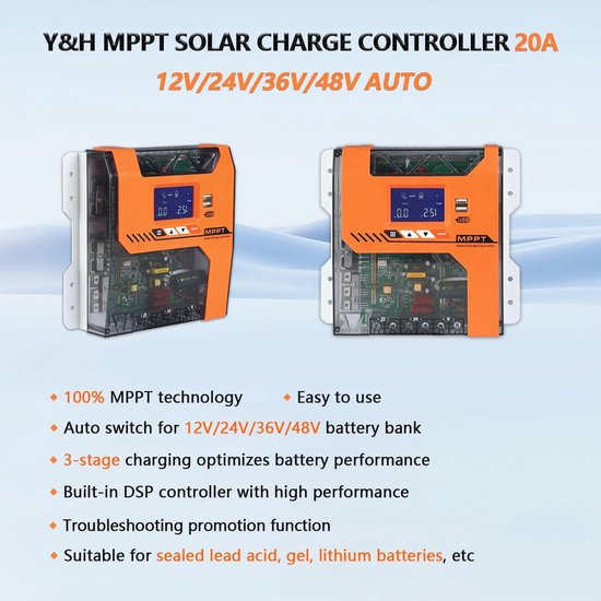 MPPT Solar-laadregelaar 20 A 12 V 24 V 36 V 48 V met LCD-display voor AGM Gel en Lithium Accu's