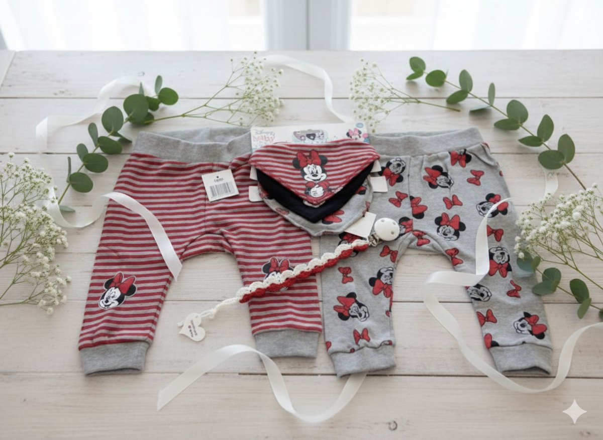 Maminobaby.nl - Baby Geschenkset | Minnie mouse 2-delige broek | Handmade speenkoord | 3-delige slabbetjes | Kraamcadeau | Babyshower