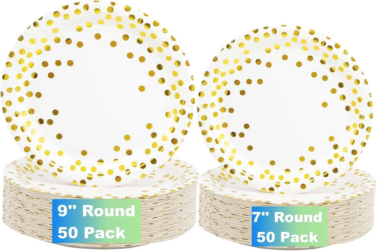 Witte en gouden papieren borden set - 100 stuks voor diner en dessert