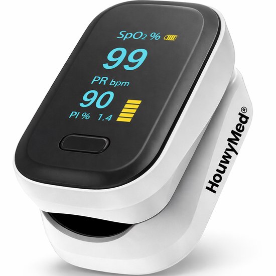 Witte HouwyMed oximeter met zwart display. Toont "SpO2% 99", "PR bpm 90", "PI% 1.4".