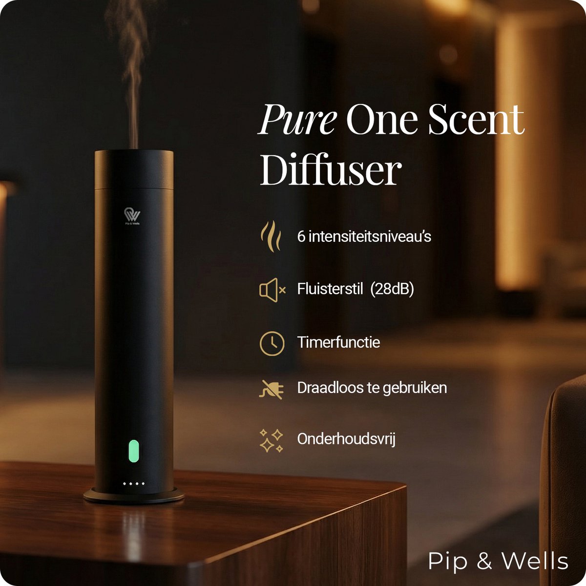 Pip & Wells® Pure One Aroma Diffuser - Waterloze Geurverspreider met 3 Hotelgeuren – Etherische Olie - 120ml per Geur – Mat Zwart - Inclusief Afstandsbediening & Oplader — cadeau in Wonen & Interieur - foto 3