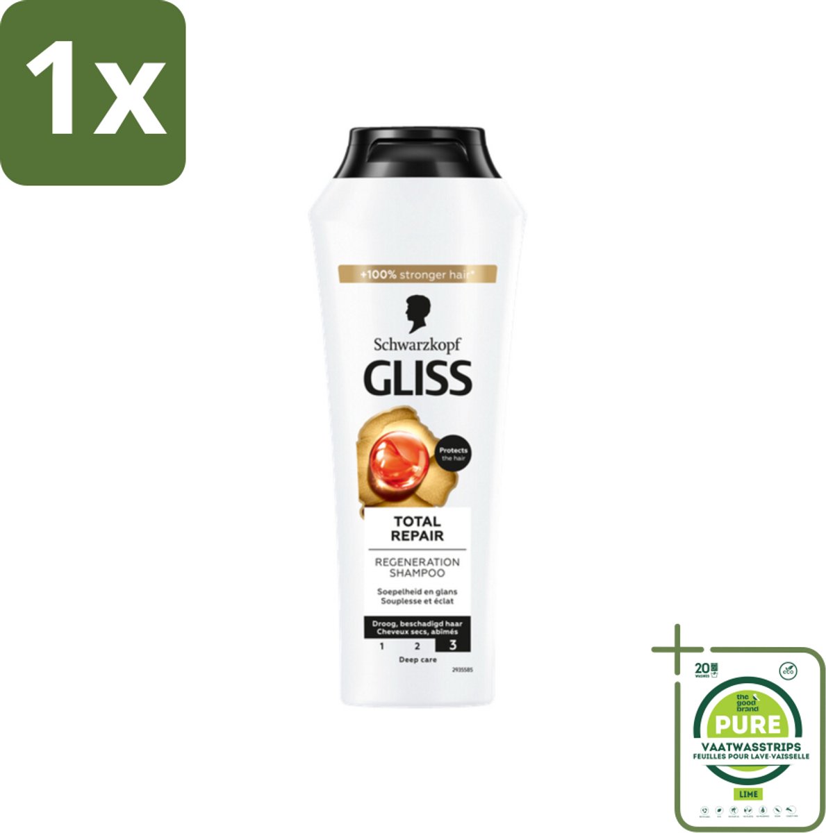 1 x Gliss - Shampoo - Total Repair - Voor Intensief Haarherstel - 250 ml - Haarherstel Shampoo - Droge Haren Shampoo - Beschadigd Haar Shampoo - Keratine Shampoo - Haarversterkende Shampoo