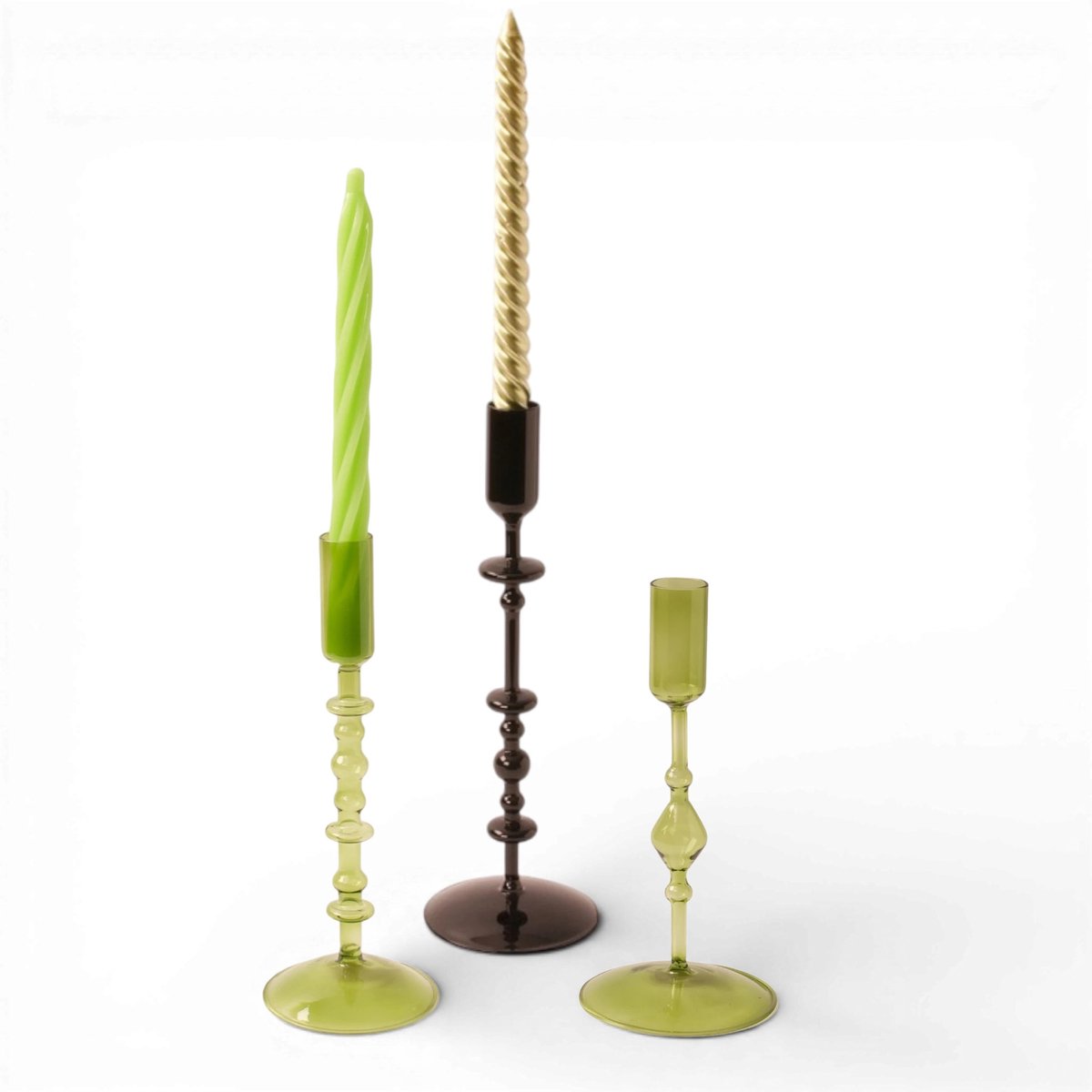 WinQ - Kleurige Glaskandelaren in een Groen/ Zwart Combinatie. Kaarsenhouder glas - Set bestaande uit 3 stuks – Decoratie woonkamer – geschikt voor Dinerkaarsen en Stompkaarsen