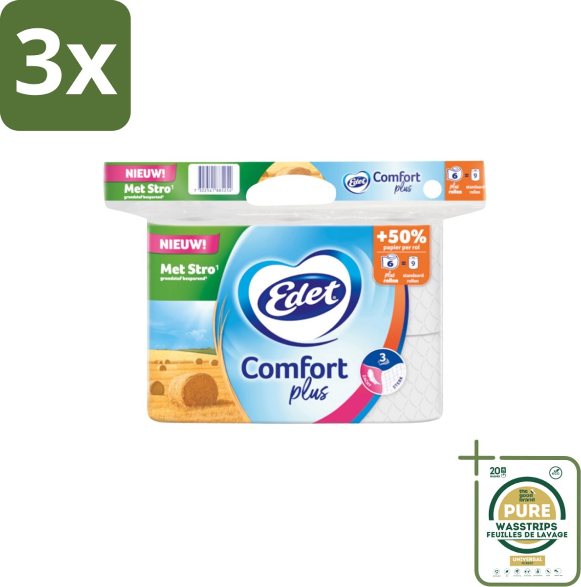 3 x Edet – Toiletpapier – 3-Laags - Grootverpakking - Toiletpapier 3-laags - Duurzaam Toiletpapier - Strovezels Toiletpapier - Plusrol Toiletpapier - Edet Toiletpapier