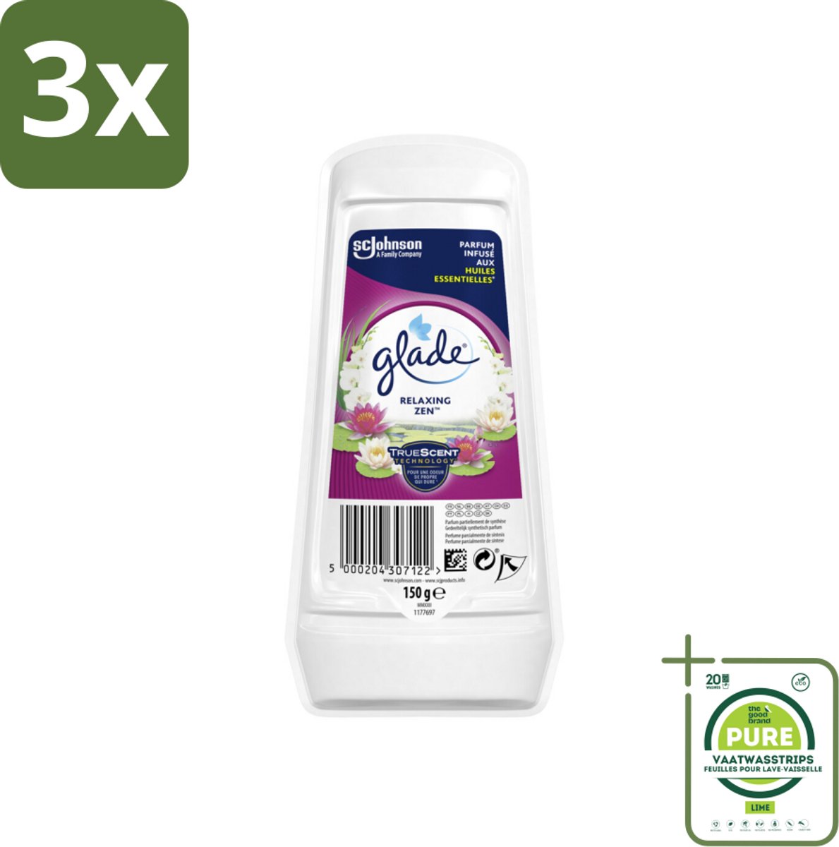 3 x Glade – Luchtverfrisser Gel – Relaxing Zen – 150 g - Grootverpakking - Luchtverfrisser - Ontspannende Geur - Frisse Geur - Geur Neutraliseren - Essentiële Oliën