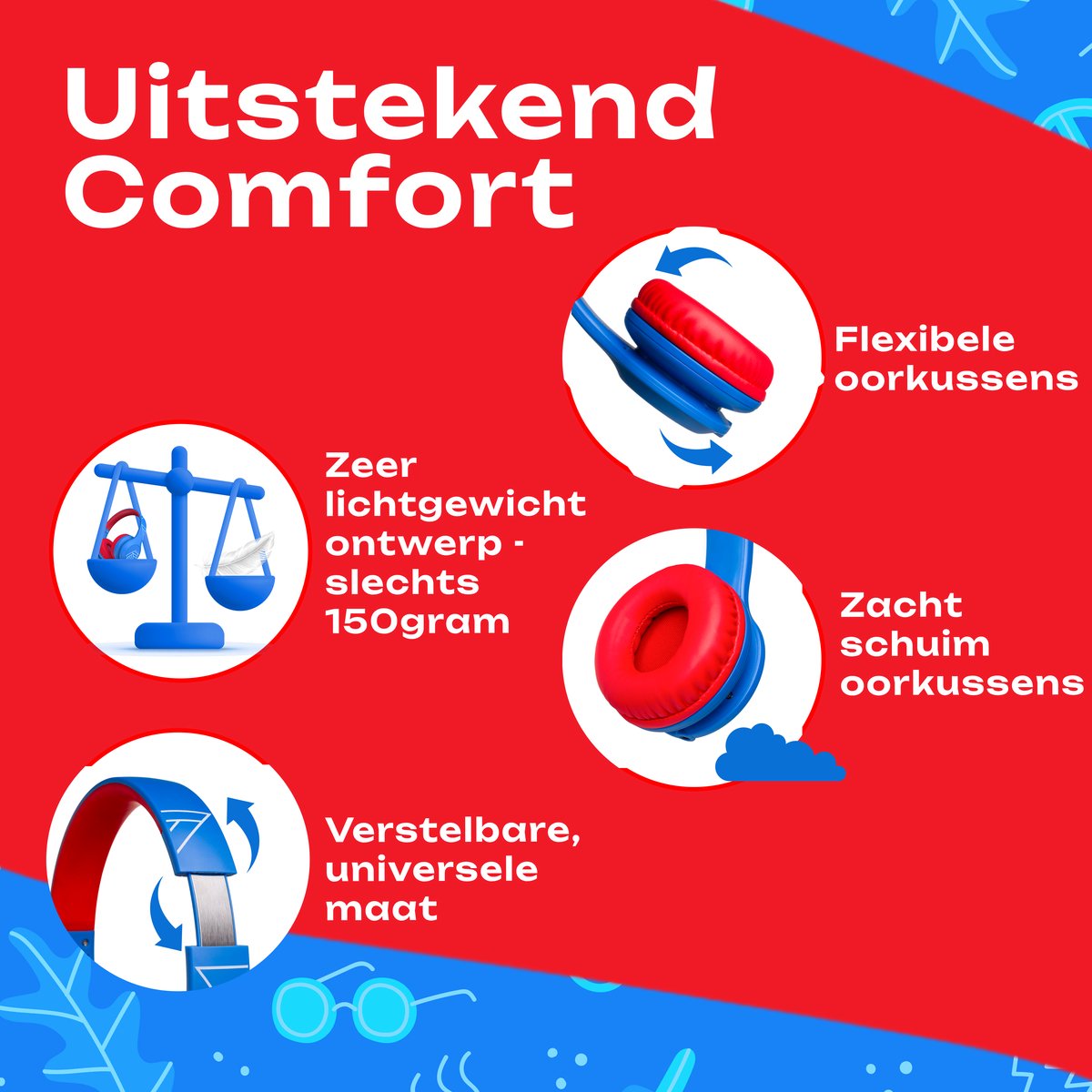 PowerLocus PLED Wired Kinder Koptelefoon met Draad USB-C - Koptelefoon voor kinderen - Veilig volume van 85dB en 94dB - Hoofdtelefoon - Met microfoon - Sharing Audio Functie - USB-C Blauw/Rood — afbeelding 2