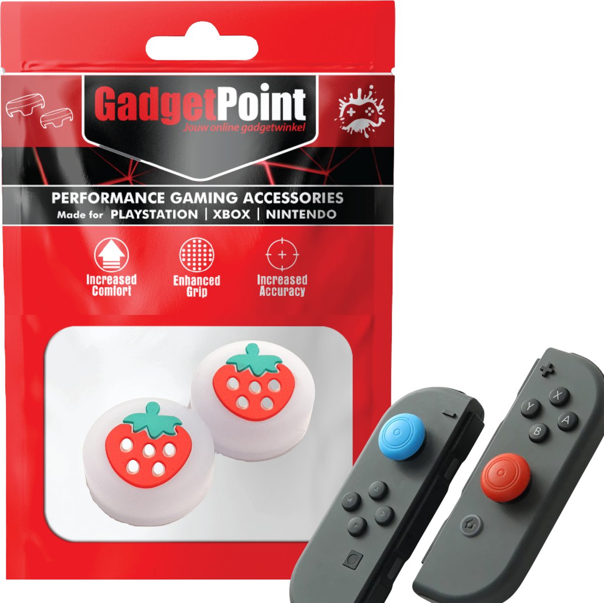 Gadgetpoint | Gaming Thumb Grips | Performance Thumbsticks | Accessoires geschikt voor Nintendo Switch Joy-Con Controller(s) | Thumbgrips | Aardbeien - Grijs met Rood