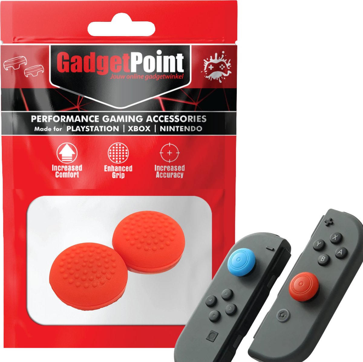 Gadgetpoint - Thumb Grips voor Nintendo Switch Joy-Con Controllers - Gaming Thumbgrips - Performance Anti-Slip Thumbsticks - Bescherming Accessoires - Thumbs Stippen - Rood