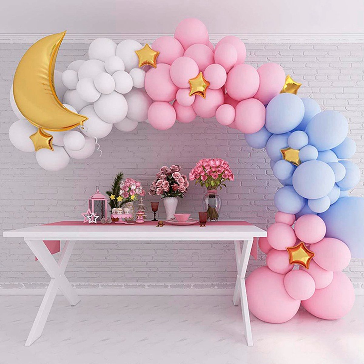 Ballonnenboog Set – 119-delig – Maan & Sterren Thema – Roze, Blauw & Wit – Met Gouden Maan – Babyshower & Kinderfeest