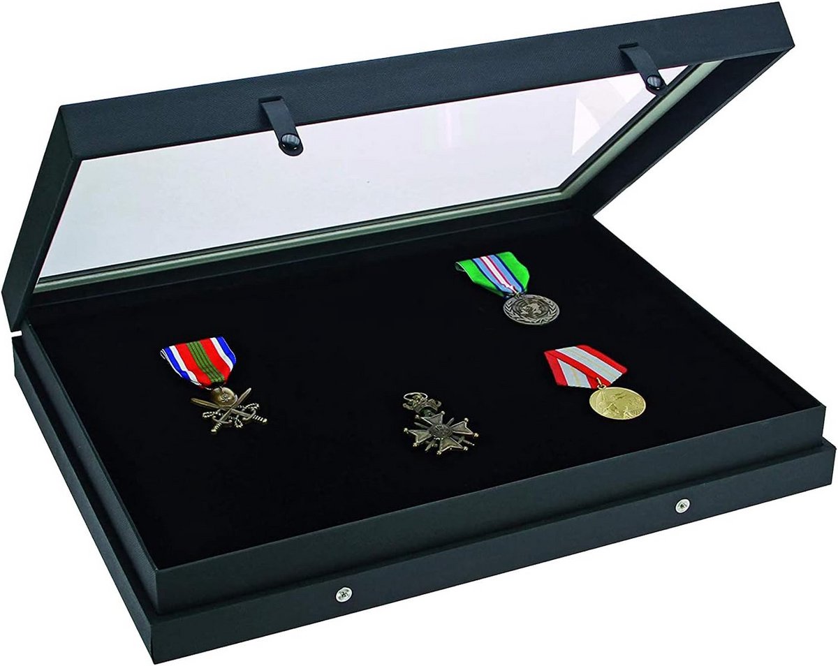 SAFE 5678 Black Edition Collection Display Case with Real Glass Lid | Matte Black Linen Structured Surface | Set Case for Jewelry, Gemstones, Minerals | 40 x 30 x 5.5 cm