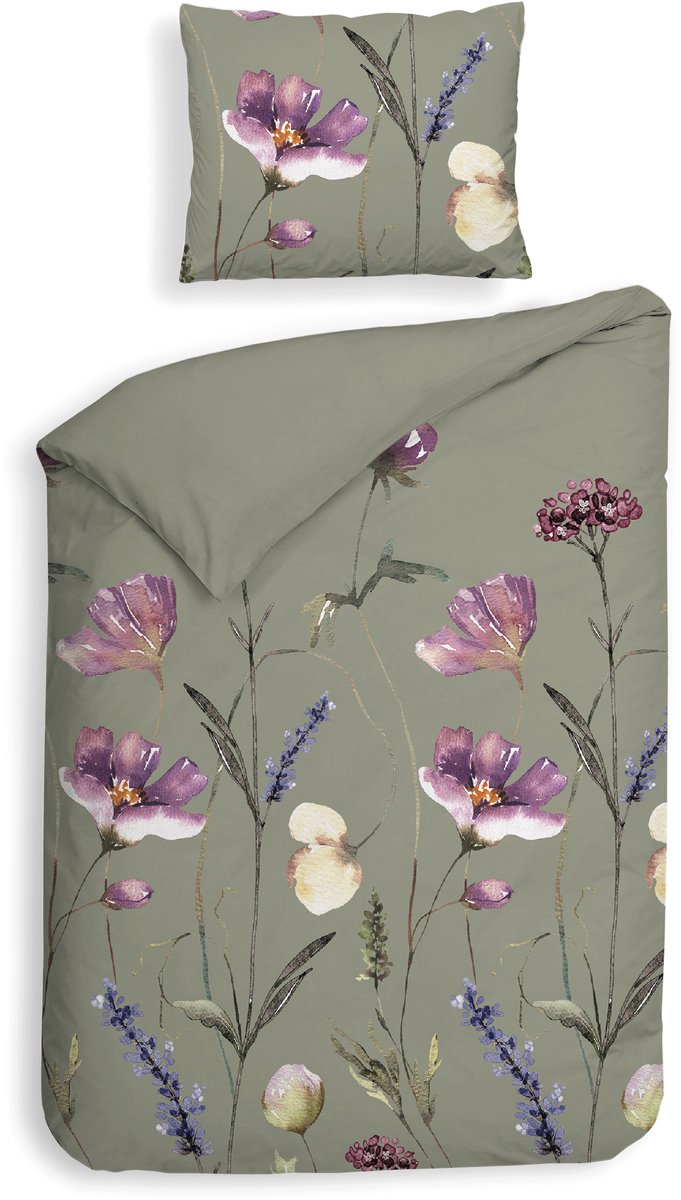 Heckettlane Dekbedovertrek Vico - Bedlinnen met Bloemen print - 140x200-220 cm - Groen - Dekbedovertrek van 100% Katoen-Flanel Green
