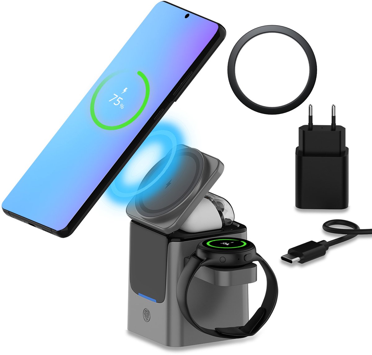 Draadloos Oplaadstation van MMOBIEL – 3-in-1 Draadloze Oplader 15W voor voor Smartphone, Smart Watch en Oordopjes – 25W Adapter & Magnetische Ring - Zwart