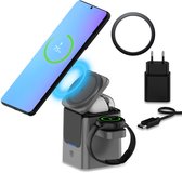 Draadloos Oplaadstation van MMOBIEL – 3-in-1 Draadloze Oplader 15W voor voor Smartphone, Smart Watch en Oordopjes – 25W Adapter & Magnetische Ring - Zwart