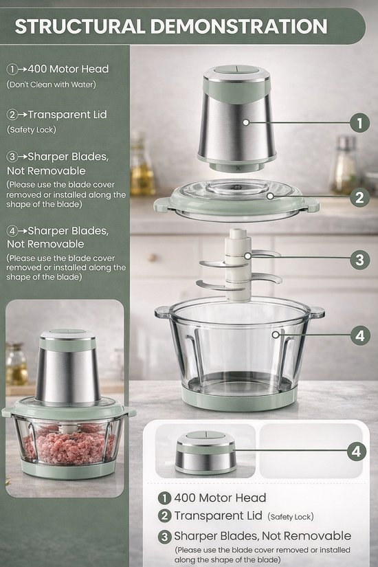 Elektrische Hakmolen - Food Chopper - Mini Keukenmachine - Vleesmolen - Groentehakker - Uiensnijder - Knoflookhakker - Notenmaler - Kruidenmolen - 2L Glazen Kom - 4 RVS Messen - 2 Snelheden - 400W - Veiligheidsslot - Groen — afbeelding 3