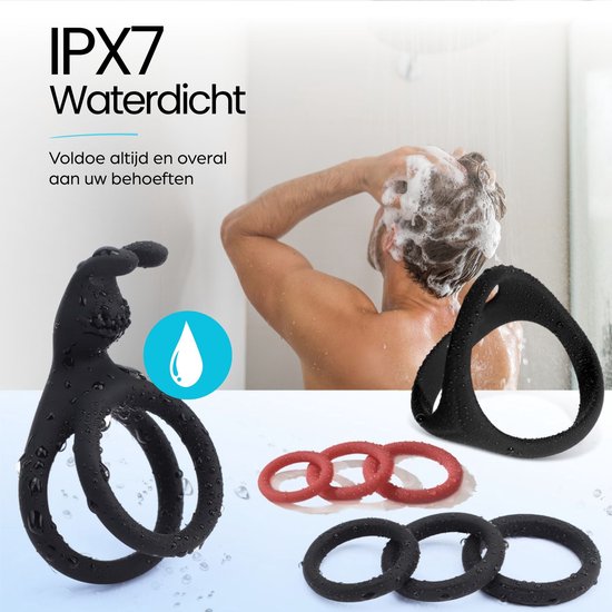 Zwarte siliconen cockring en ringen, IPX7 waterdicht, met man in douche.